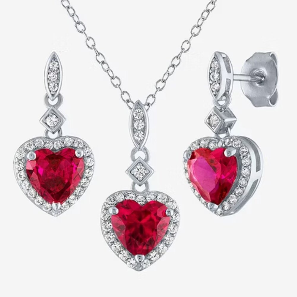 Sterling Silver Lab Ruby Heart Necklace Earrings Set July Birthstone NIB Regal - Picture 4 of 8